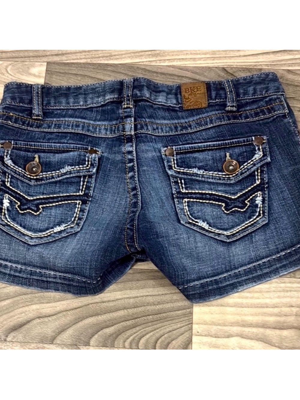 BKE Dark Blue Distressed Denim Shortie with Contrast Stitching